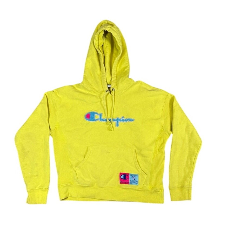 Champion Reverse Weave Yellow Chenille Logo Hoodie Sweatshirt Women L